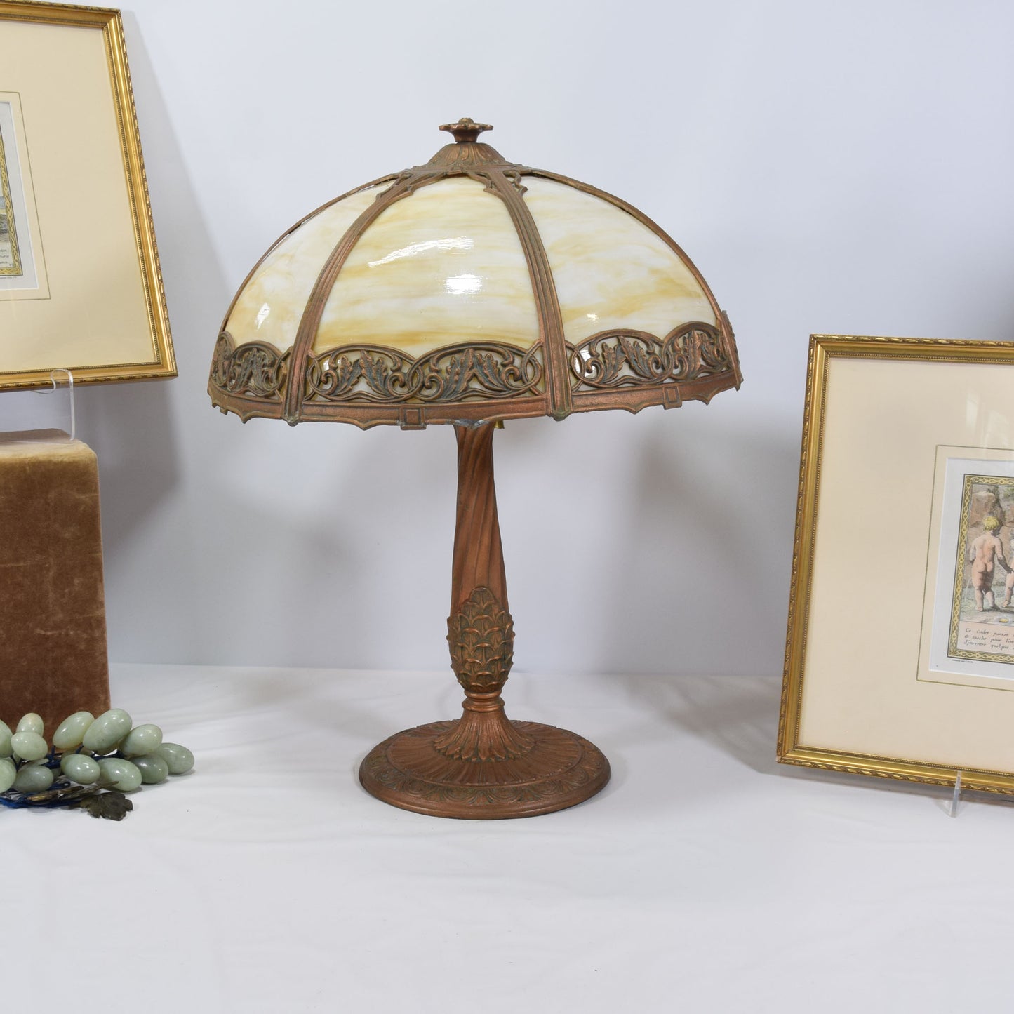 Arts and Crafts Miller Slag Glass Lamp Iron and Zinc Base