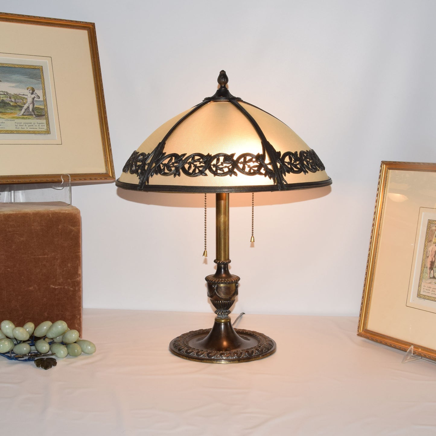 Antique Bradley and Hubbard Bent Panel Slag Glass Bronze Table Lamp