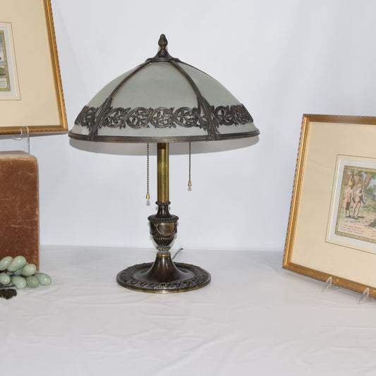 Antique Bradley and Hubbard Bent Panel Slag Glass Bronze Table Lamp