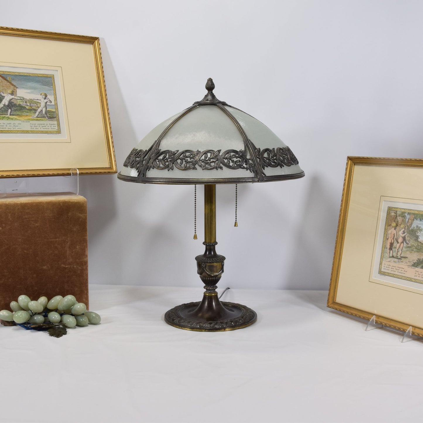 Antique Bradley and Hubbard Bent Panel Slag Glass Bronze Table Lamp