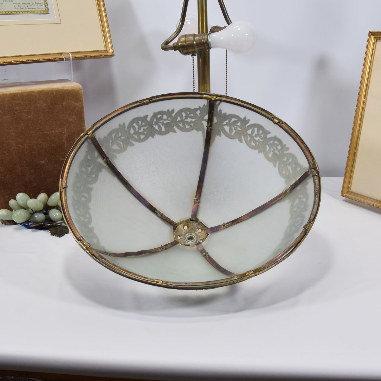 Antique Bradley and Hubbard Bent Panel Slag Glass Bronze Table Lamp