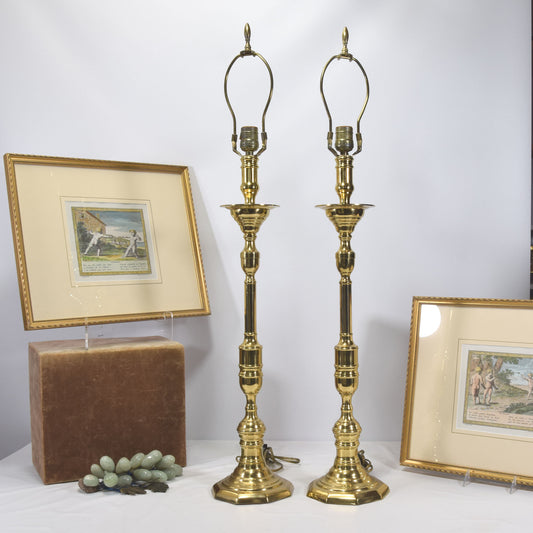 Pair Vintage Solid Brass Table Lamps Mid Century Modern