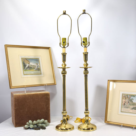Pair Vintage Solid Brass Candlestick Table Lamps Mid Century Modern