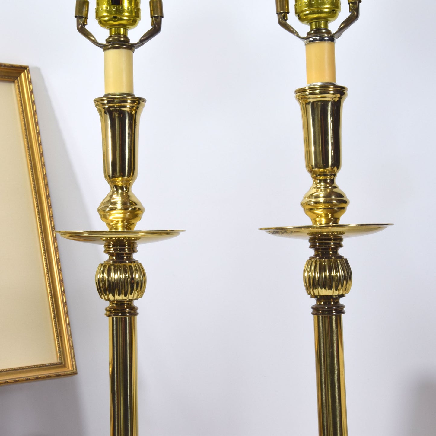 Pair Vintage Solid Brass Candlestick Table Lamps Mid Century Modern