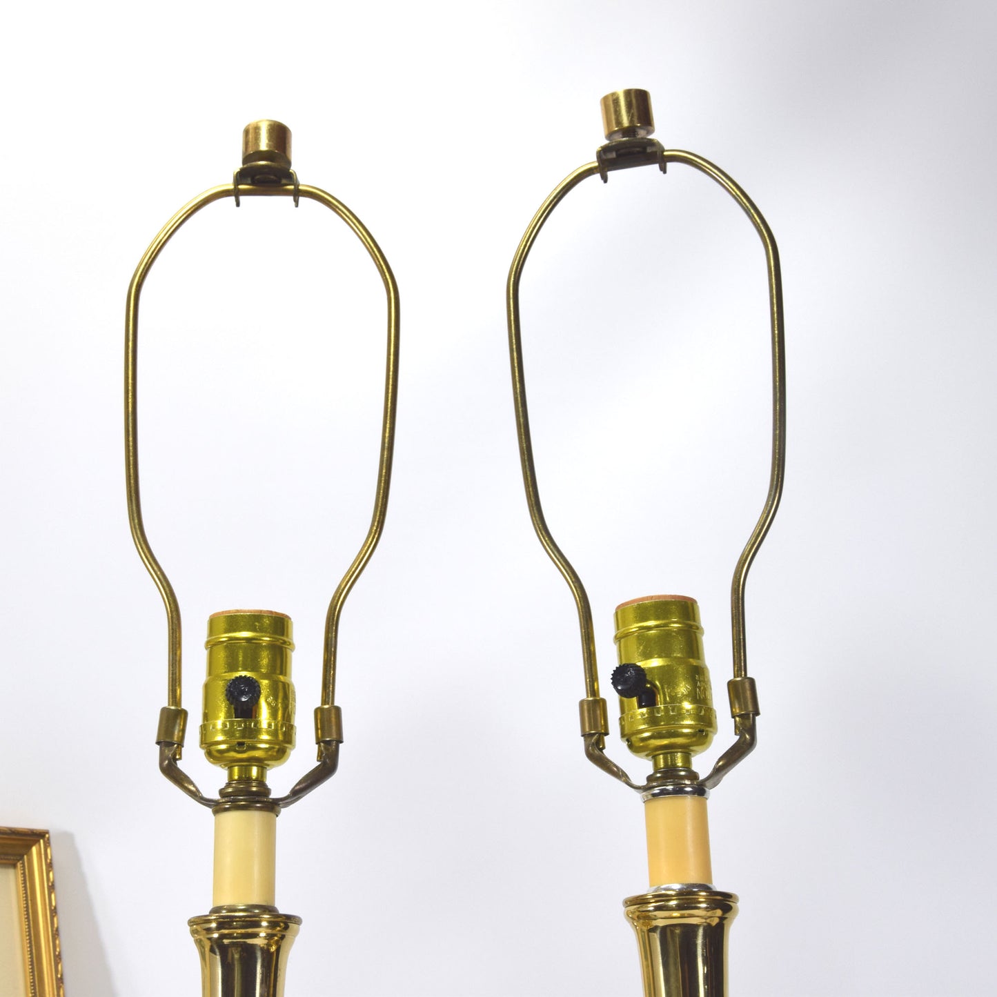 Pair Vintage Solid Brass Candlestick Table Lamps Mid Century Modern