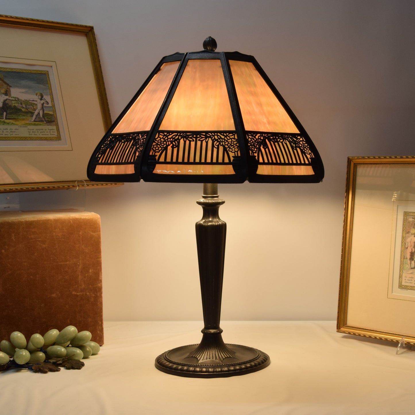 Antique Bradley and Hubbard Bent Panel Slag Glass Bronze Table Lamp