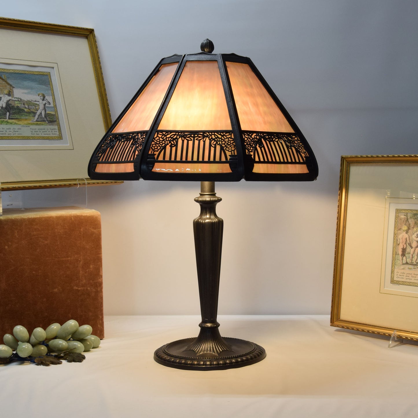 Antique Bradley and Hubbard Bent Panel Slag Glass Bronze Table Lamp
