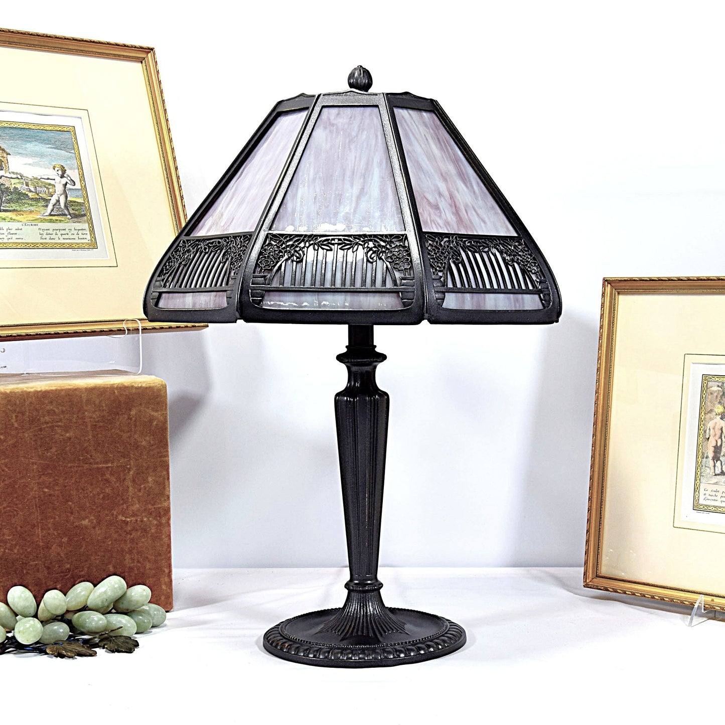 Antique Bradley and Hubbard Bent Panel Slag Glass Bronze Table Lamp