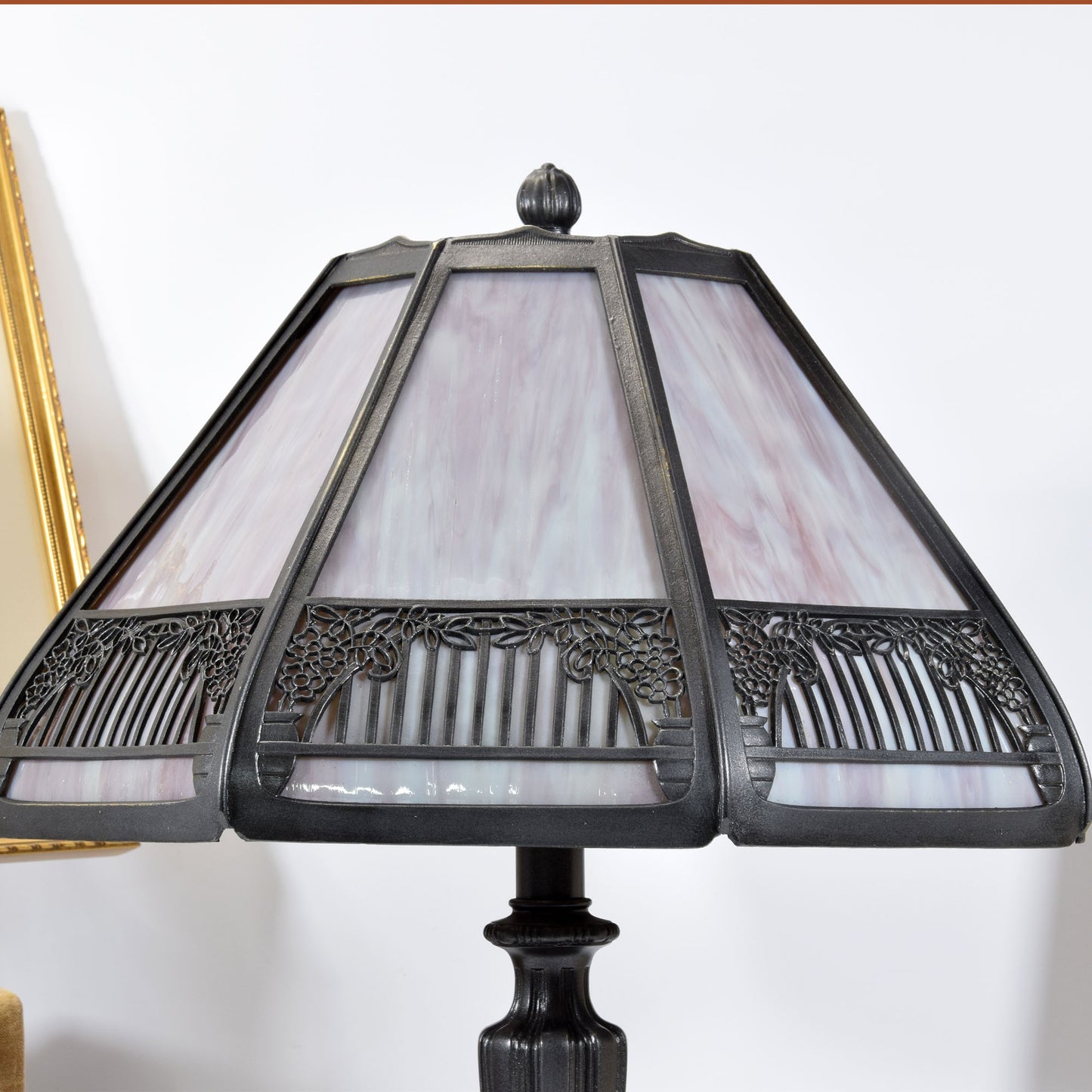Antique Bradley and Hubbard Bent Panel Slag Glass Bronze Table Lamp