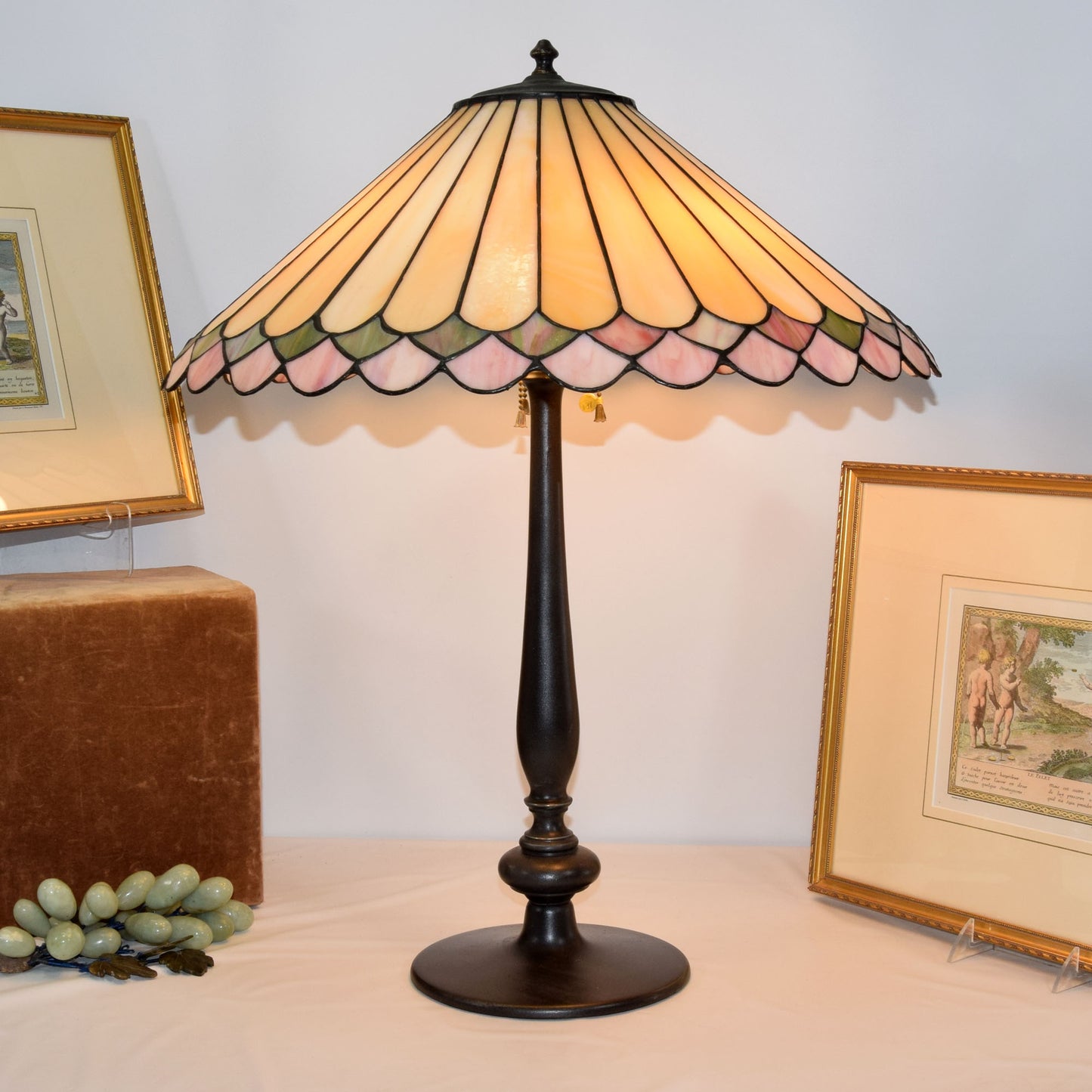 Bronze Lamp with Stained Leaded Glass Parasol Shade