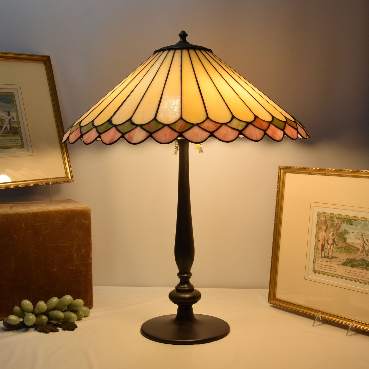 Bronze Lamp with Stained Leaded Glass Parasol Shade