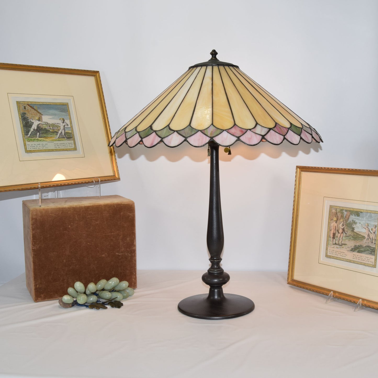 Bronze Lamp with Stained Leaded Glass Parasol Shade