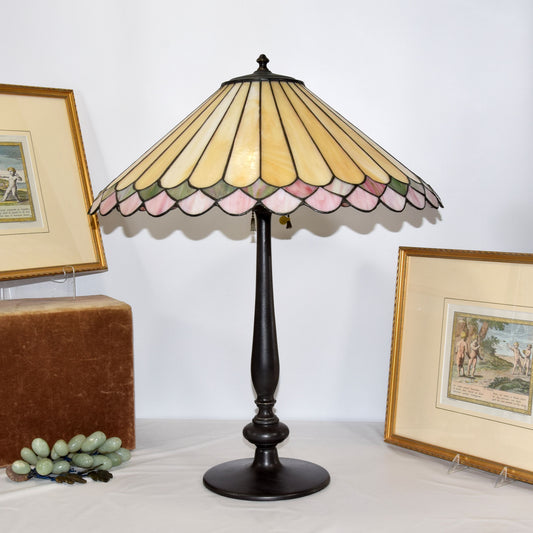 Bronze Lamp with Stained Leaded Glass Parasol Shade