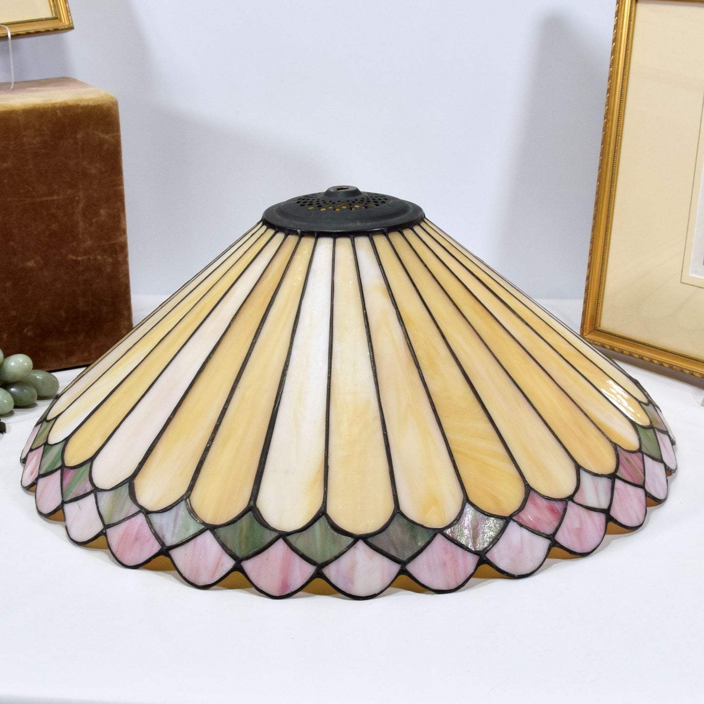 Bronze Lamp with Stained Leaded Glass Parasol Shade