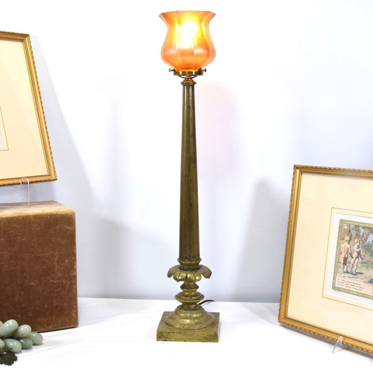 Early Bronze & Cameo Glass Torchiere Lamp Electrified