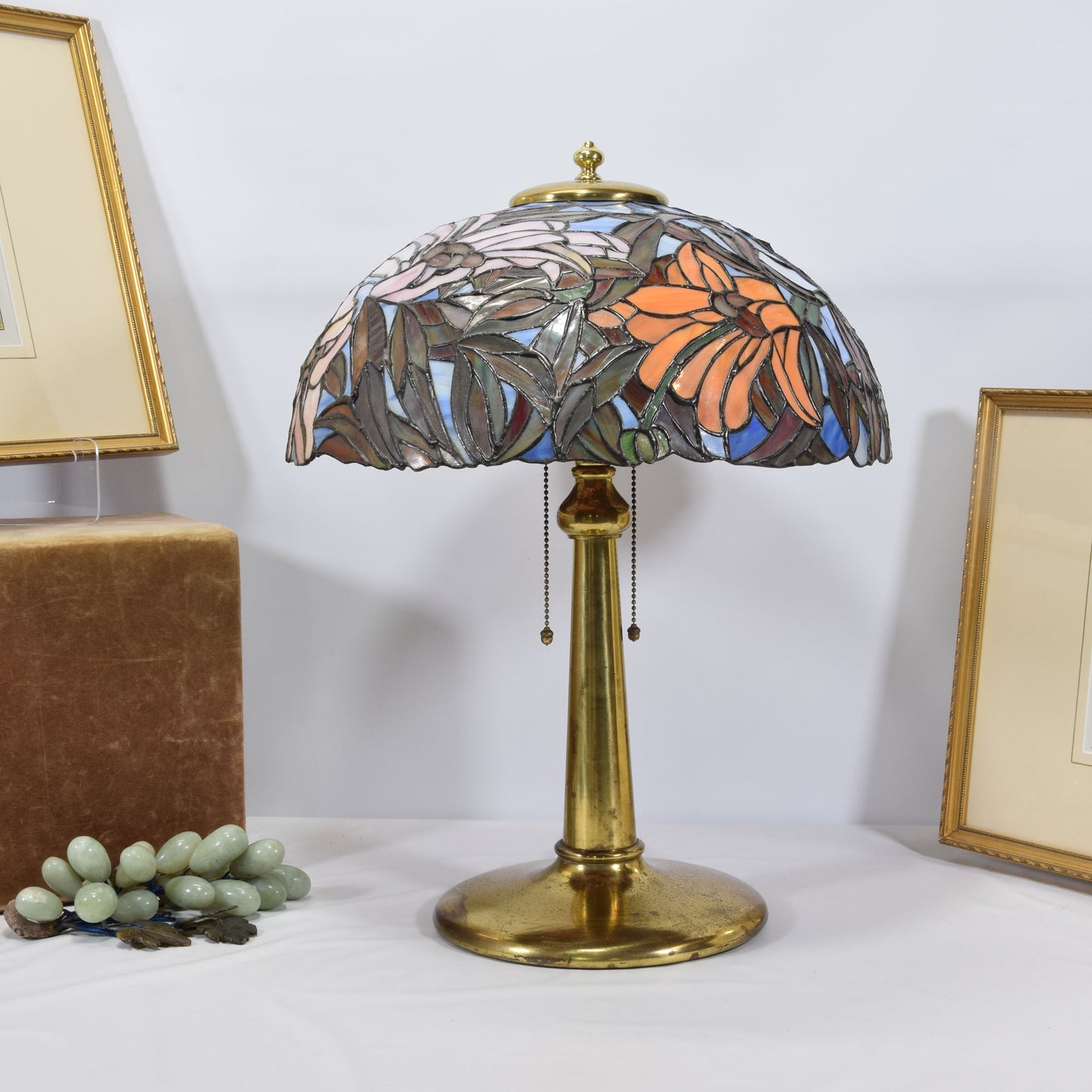 Unique Art Glass Co. Lamp with Poinsettia Stained Slag Glass Shade