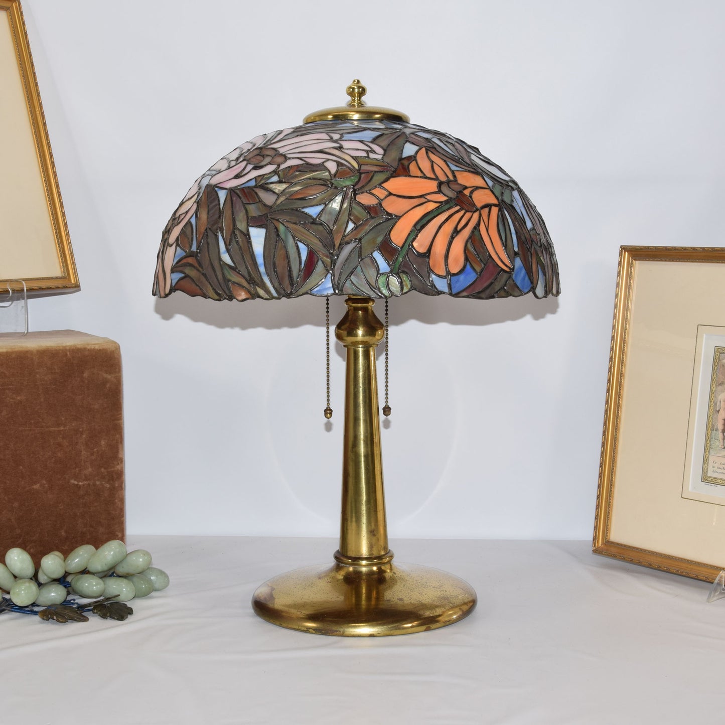 Unique Art Glass Co. Lamp with Poinsettia Stained Slag Glass Shade