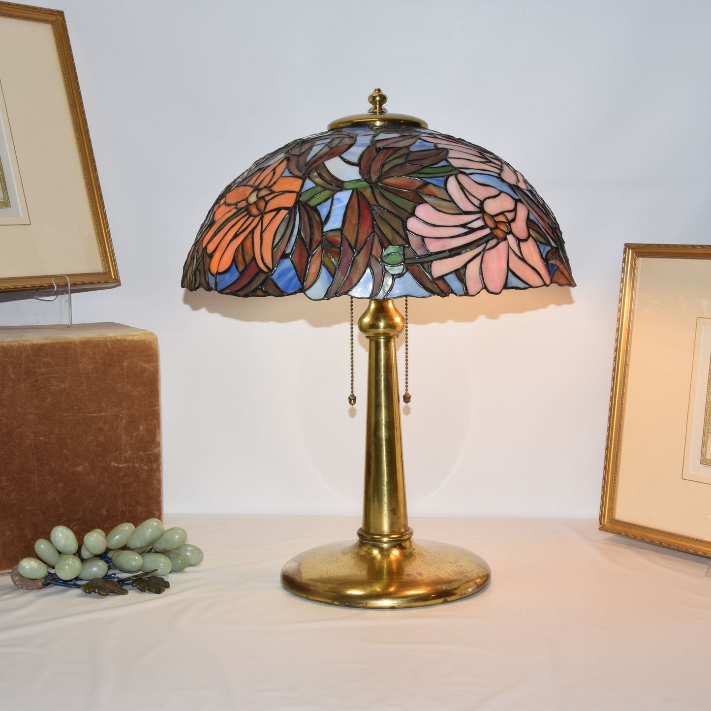 Unique Art Glass Co. Lamp with Poinsettia Stained Slag Glass Shade