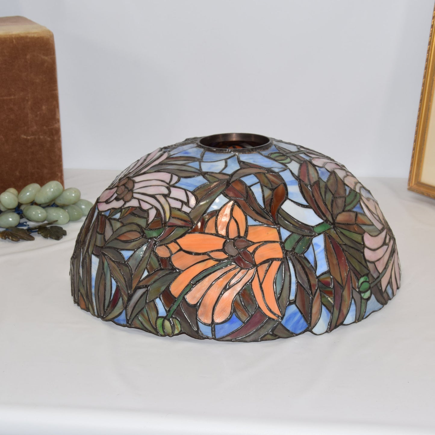 Unique Art Glass Co. Lamp with Poinsettia Stained Slag Glass Shade