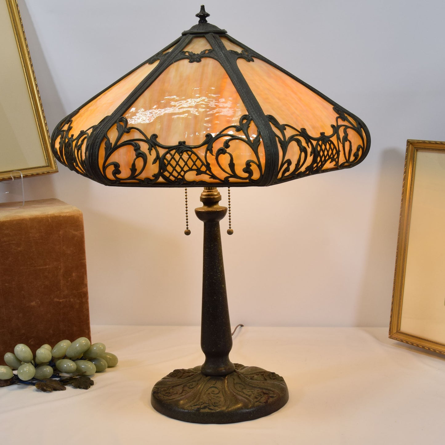 Antique Arts and Crafts Miller Slag Glass Bent Panel Lamp