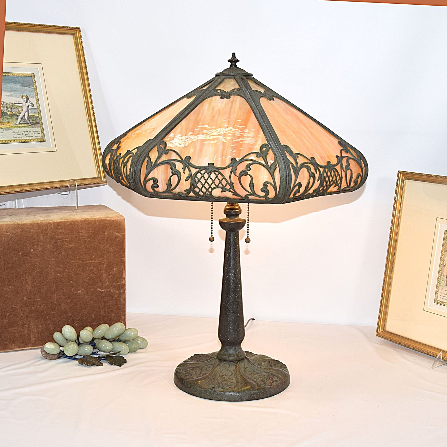 Antique Arts and Crafts Miller Slag Glass Bent Panel Lamp