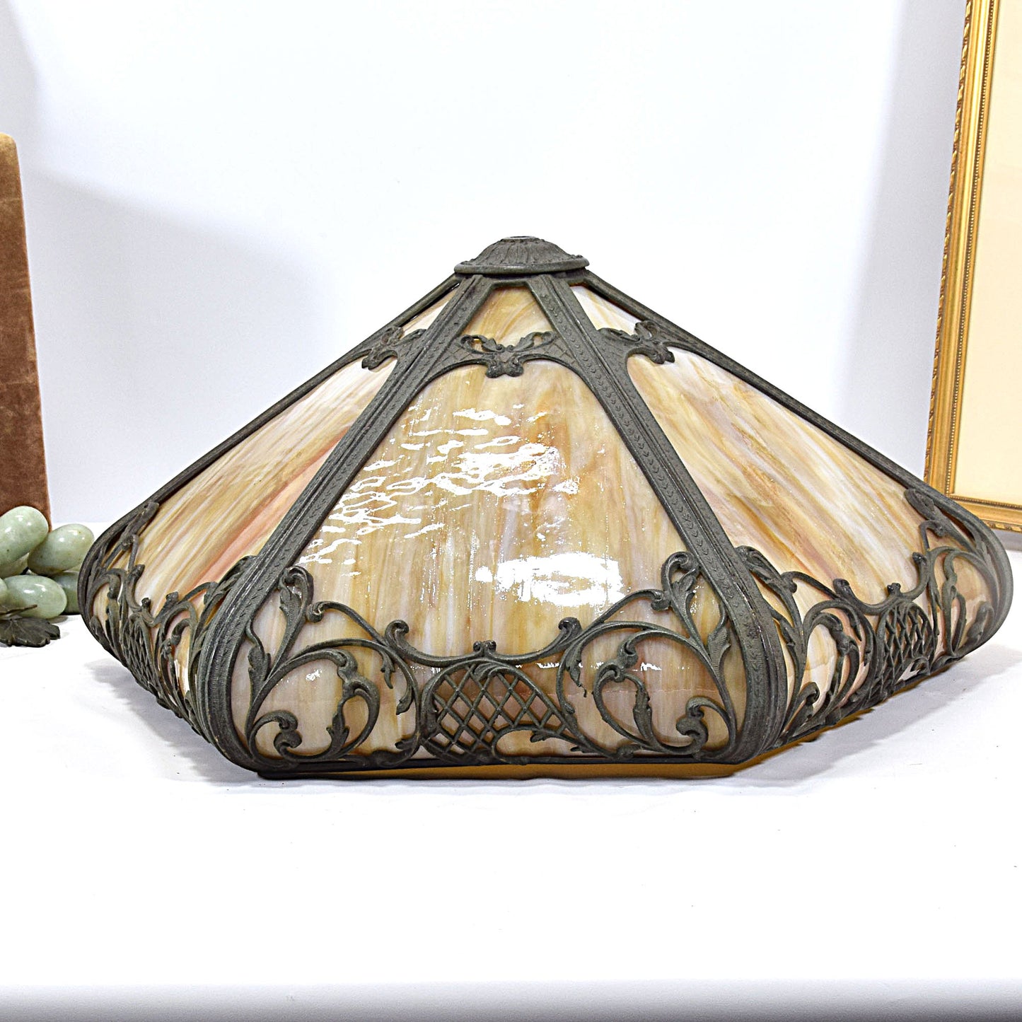 Antique Arts and Crafts Miller Slag Glass Bent Panel Lamp
