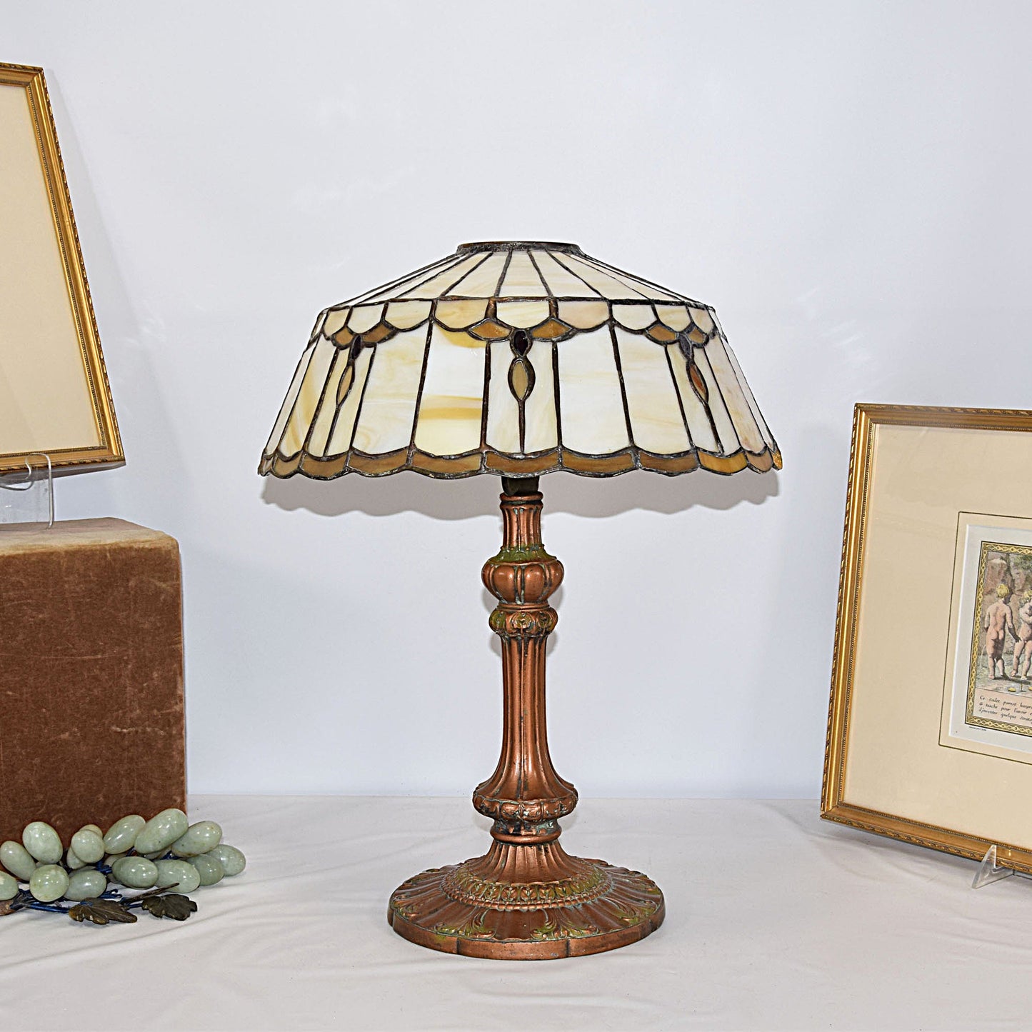 Arts and Crafts Miller Slag Glass Lamp Iron and Zinc Base