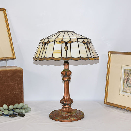 Arts and Crafts Miller Slag Glass Lamp Iron and Zinc Base
