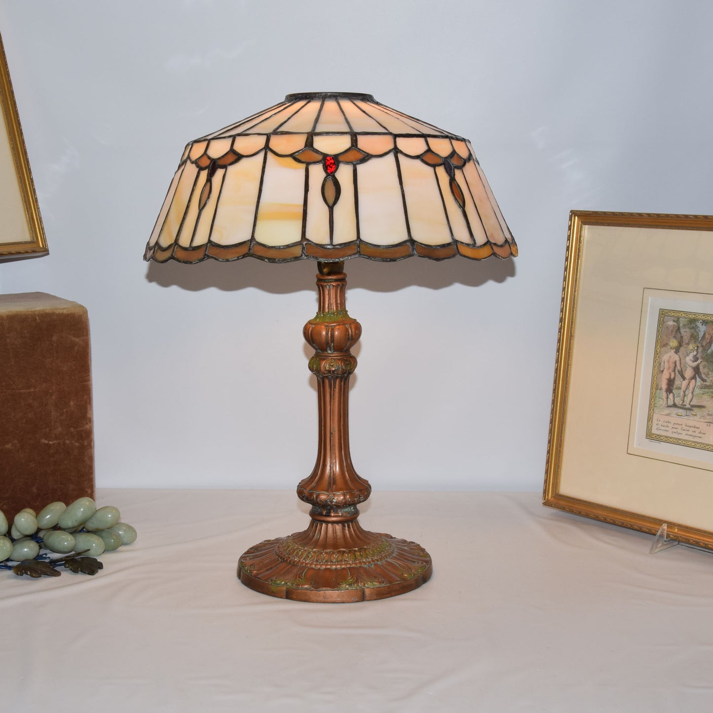 Arts and Crafts Miller Slag Glass Lamp Iron and Zinc Base