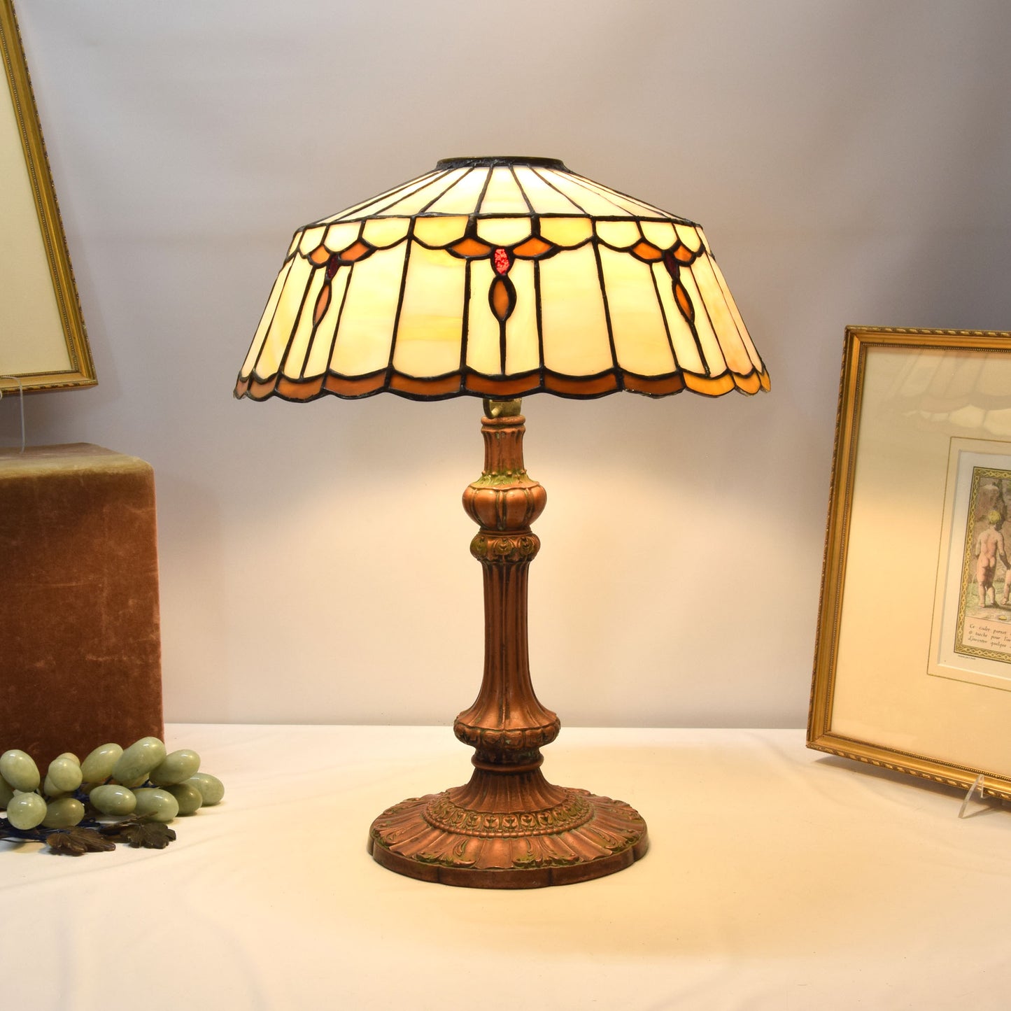 Arts and Crafts Miller Slag Glass Lamp Iron and Zinc Base