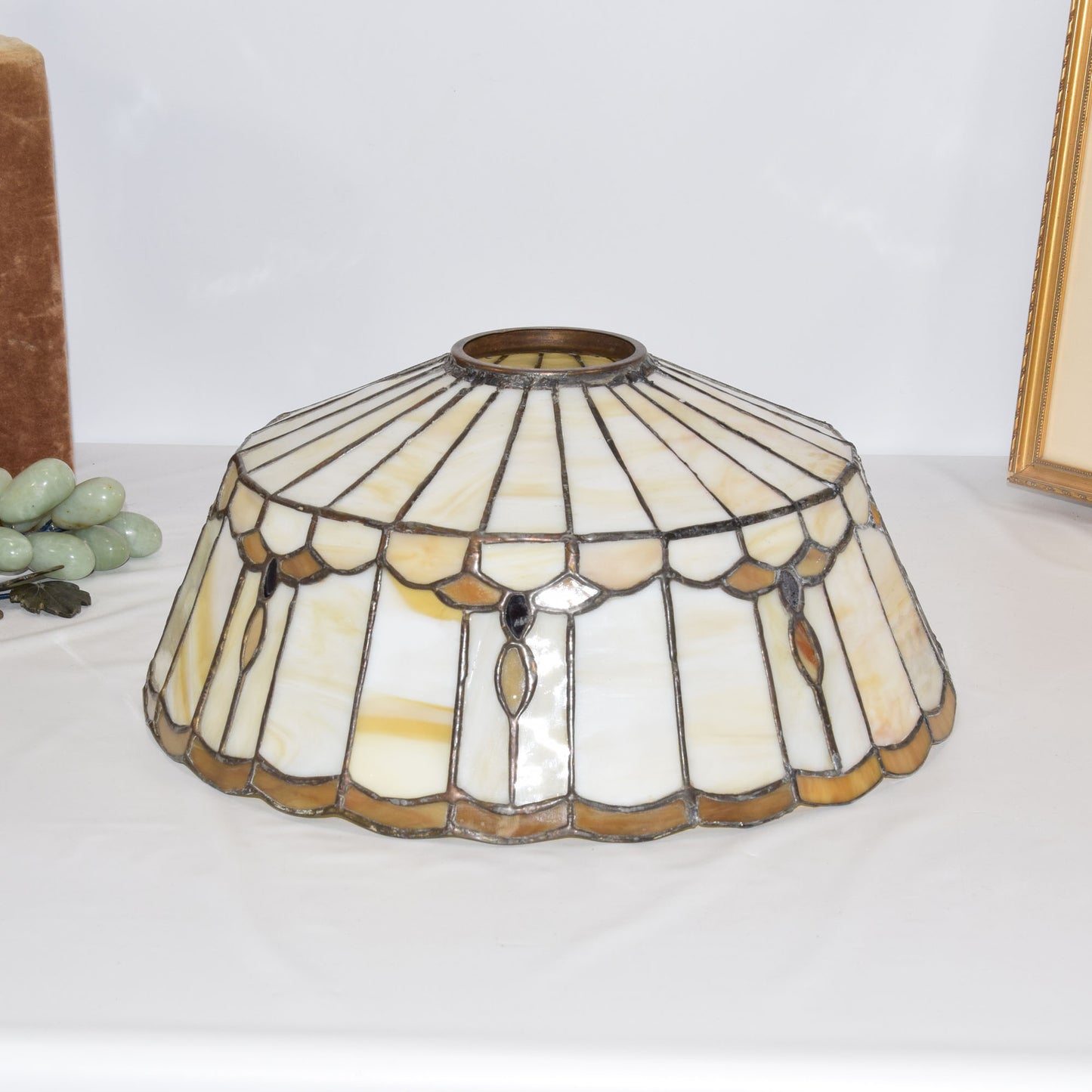 Arts and Crafts Miller Slag Glass Lamp Iron and Zinc Base