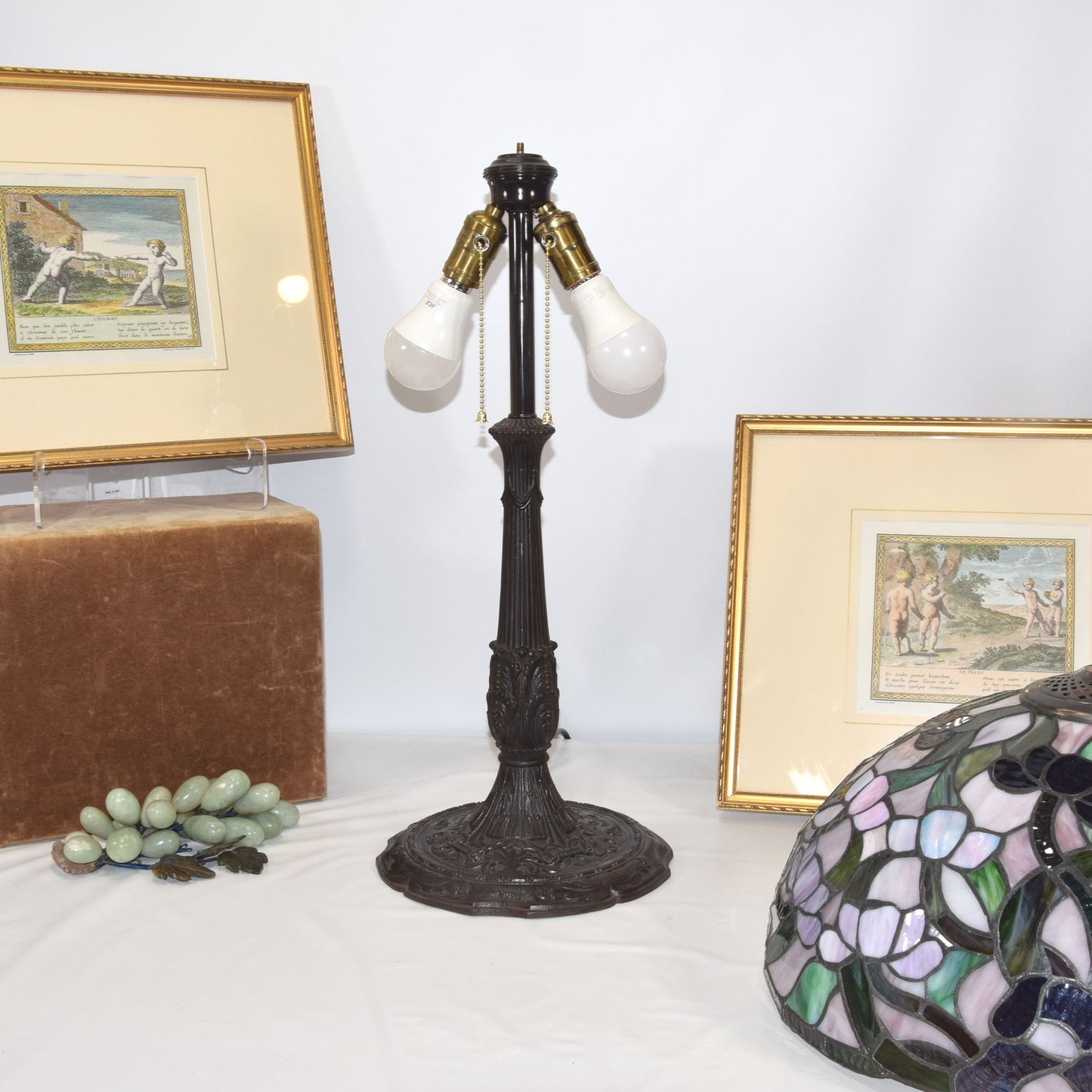 Antique Miller 2 Light Stained Slag Glass Table Lamp