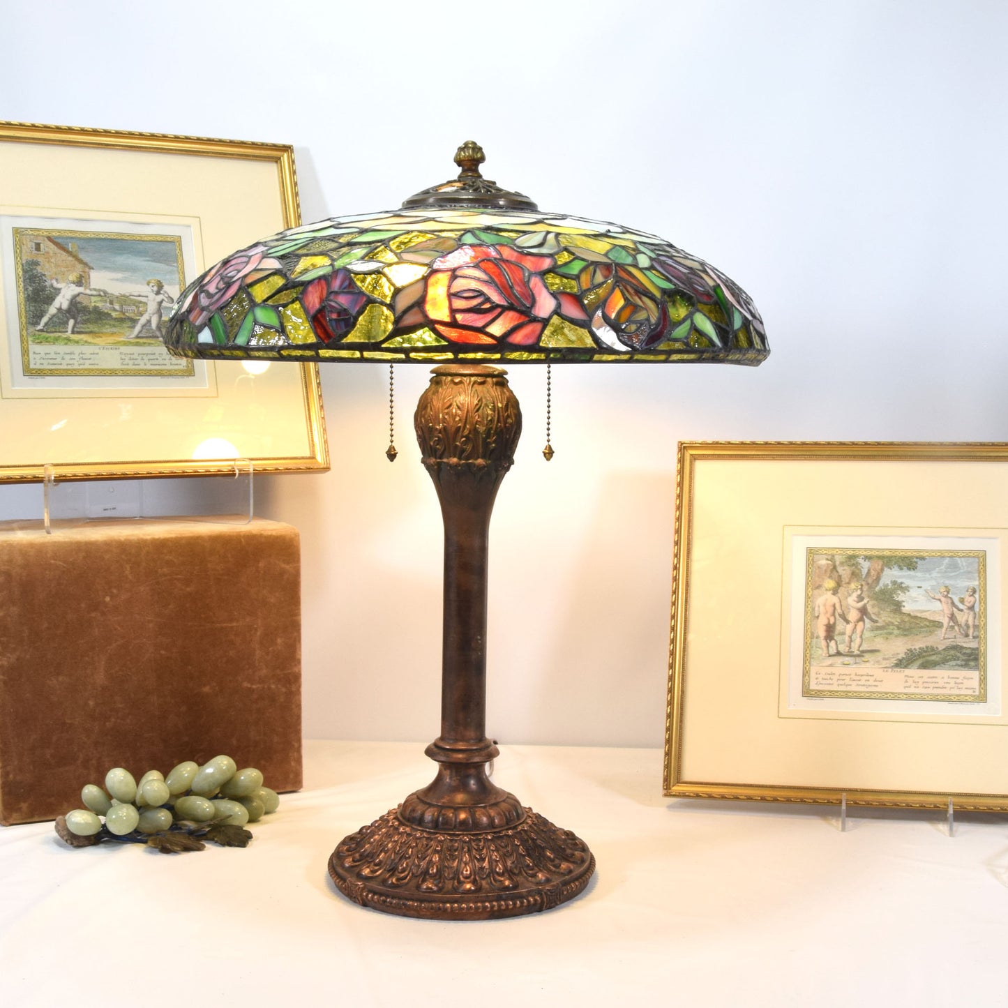 Antique Stained Slag Glass Lamp Copper Base Handel Era