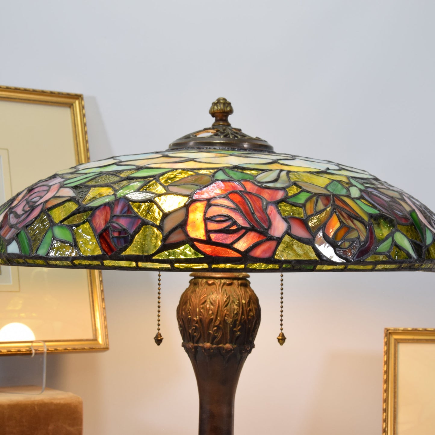 Antique Stained Slag Glass Lamp Copper Base Handel Era