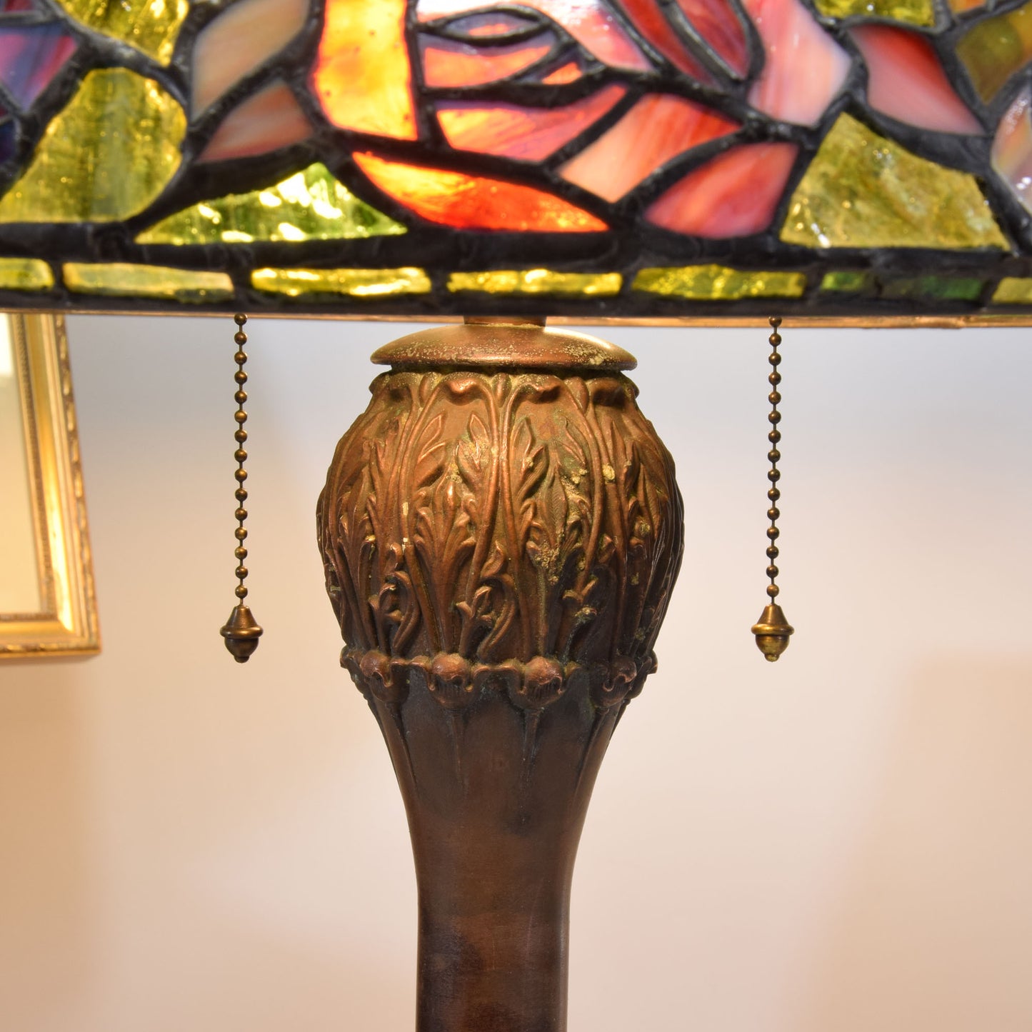 Antique Stained Slag Glass Lamp Copper Base Handel Era