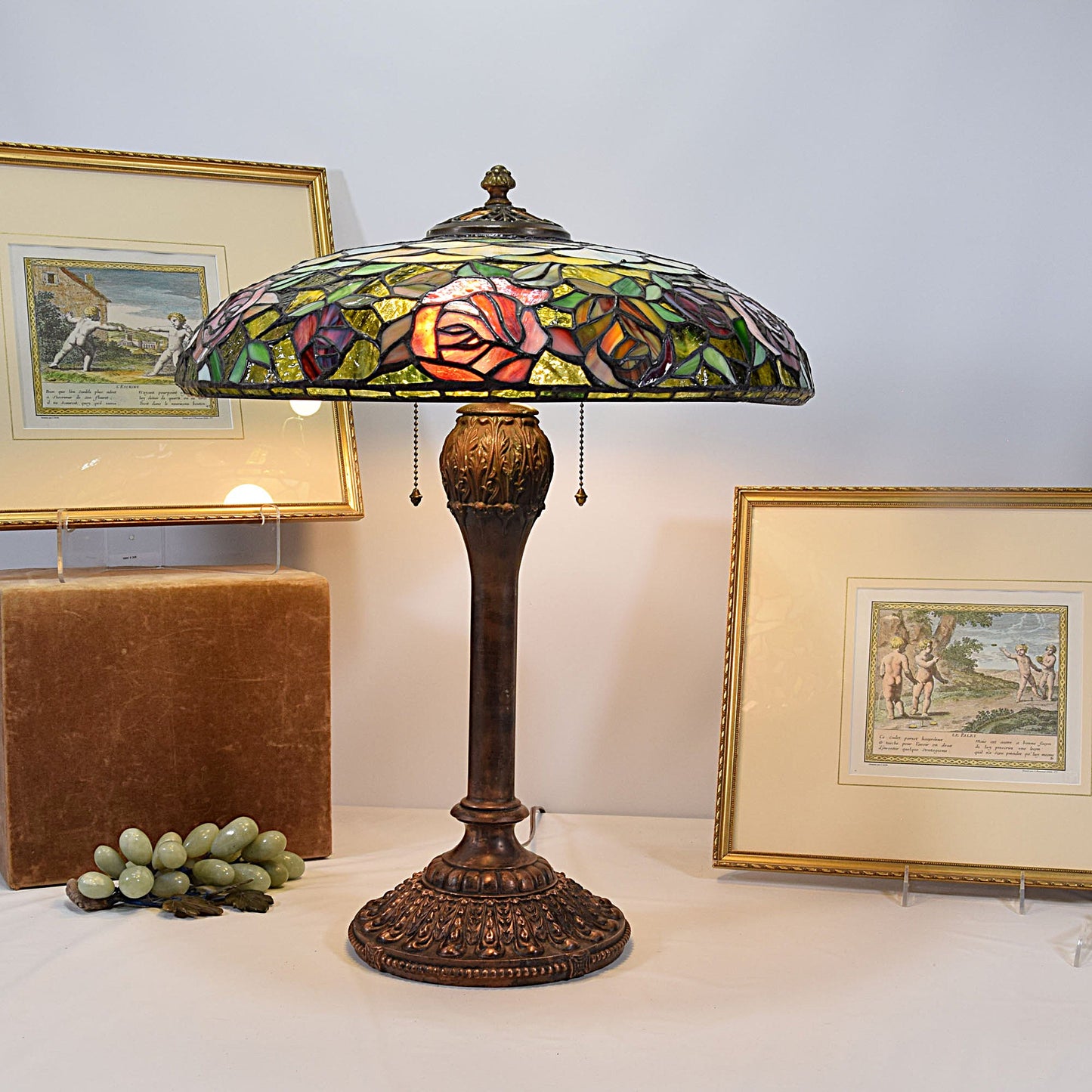 Antique Stained Slag Glass Lamp Copper Base Handel Era
