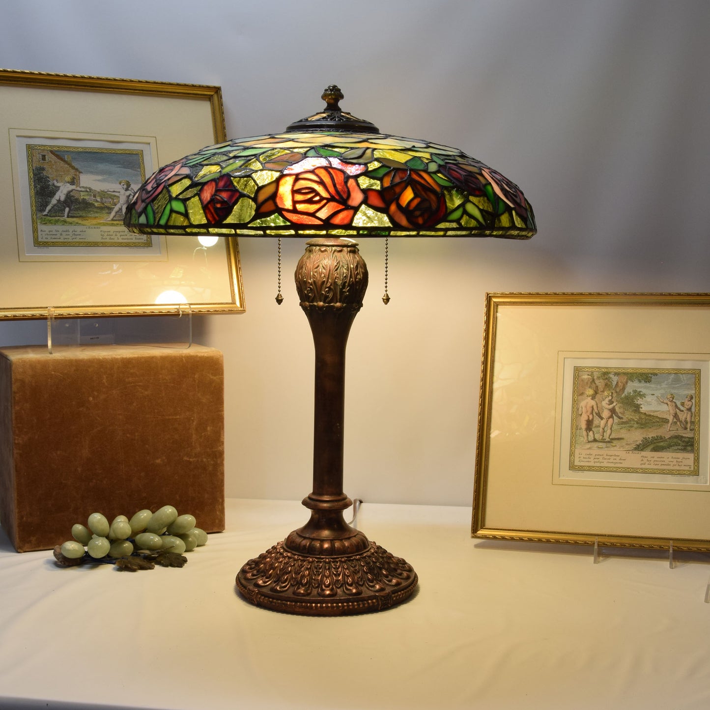 Antique Stained Slag Glass Lamp Copper Base Handel Era