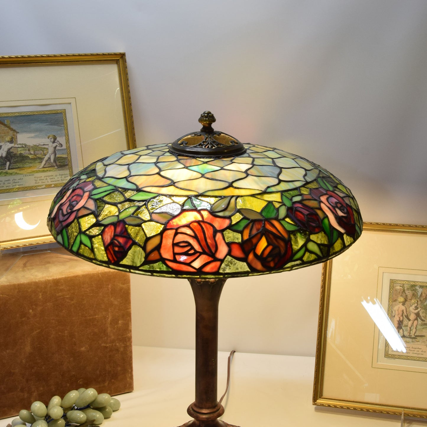 Antique Stained Slag Glass Lamp Copper Base Handel Era