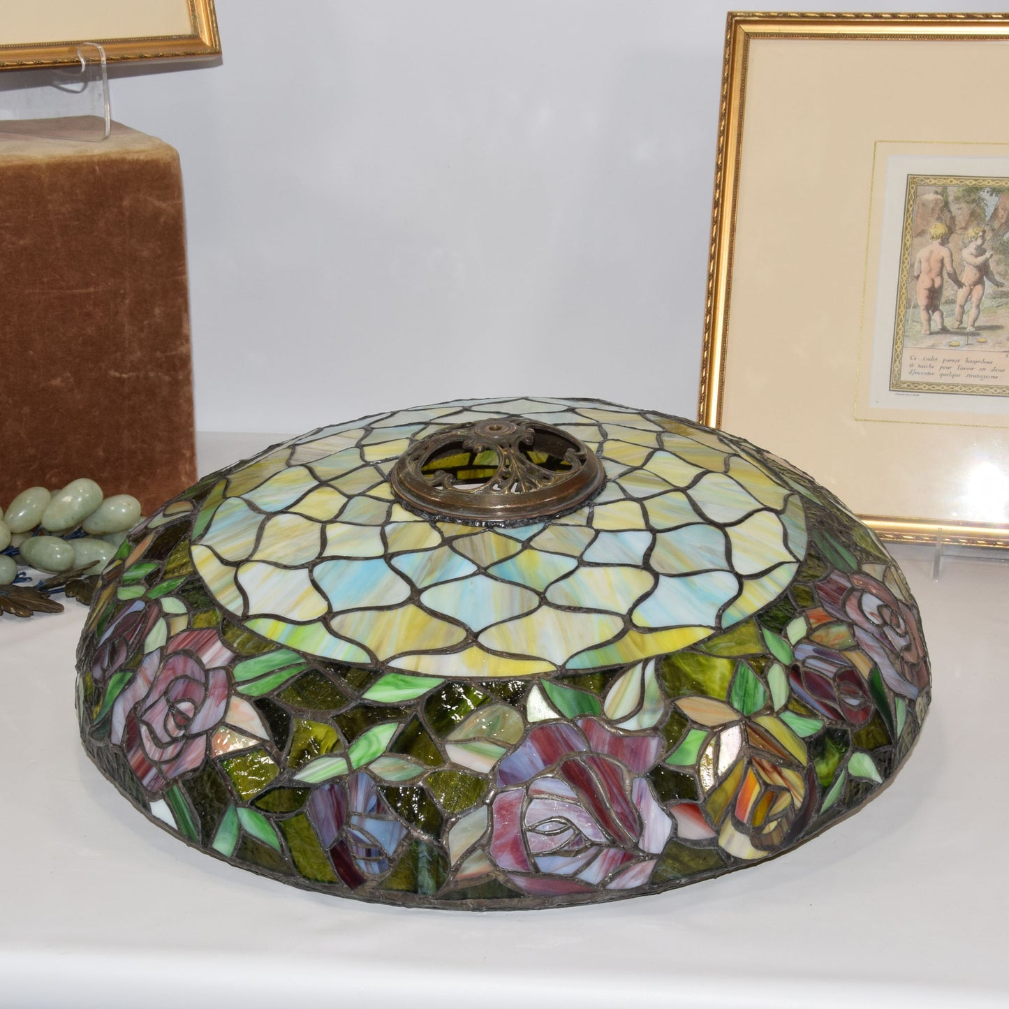 Antique Stained Slag Glass Lamp Copper Base Handel Era