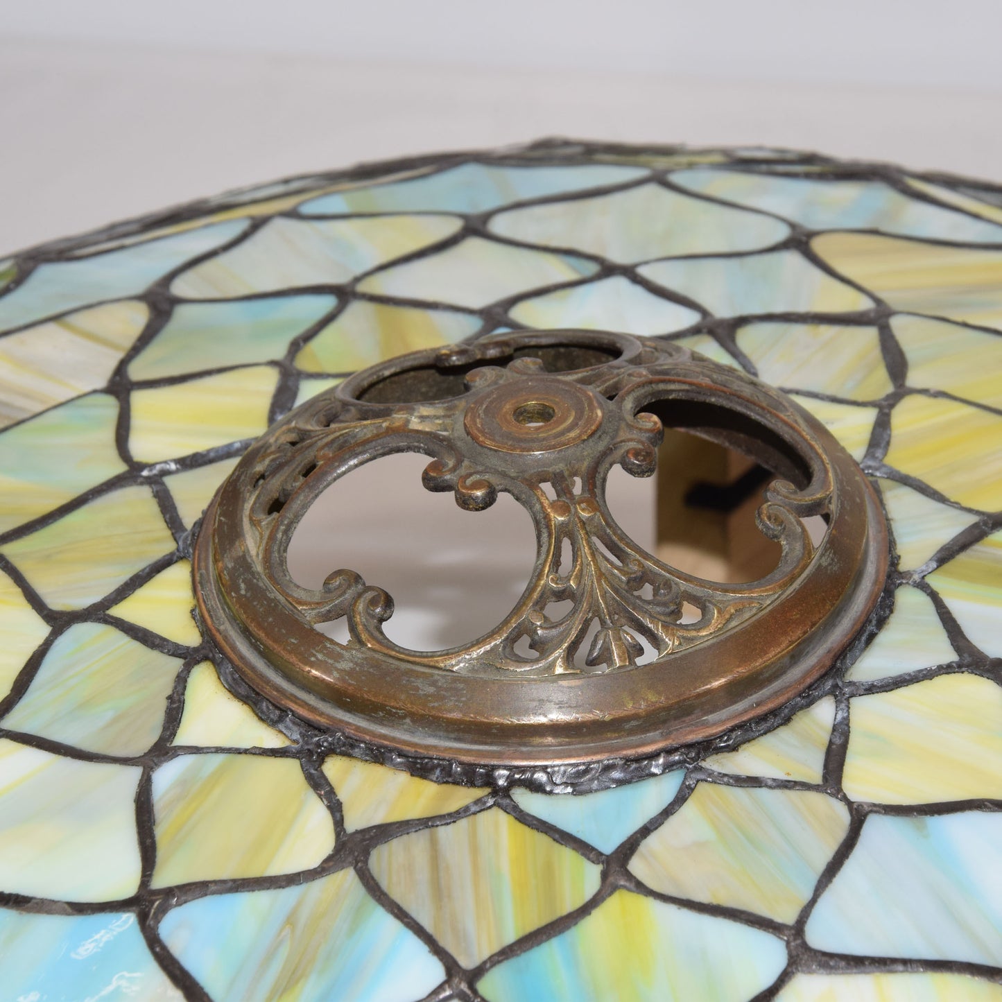 Antique Stained Slag Glass Lamp Copper Base Handel Era