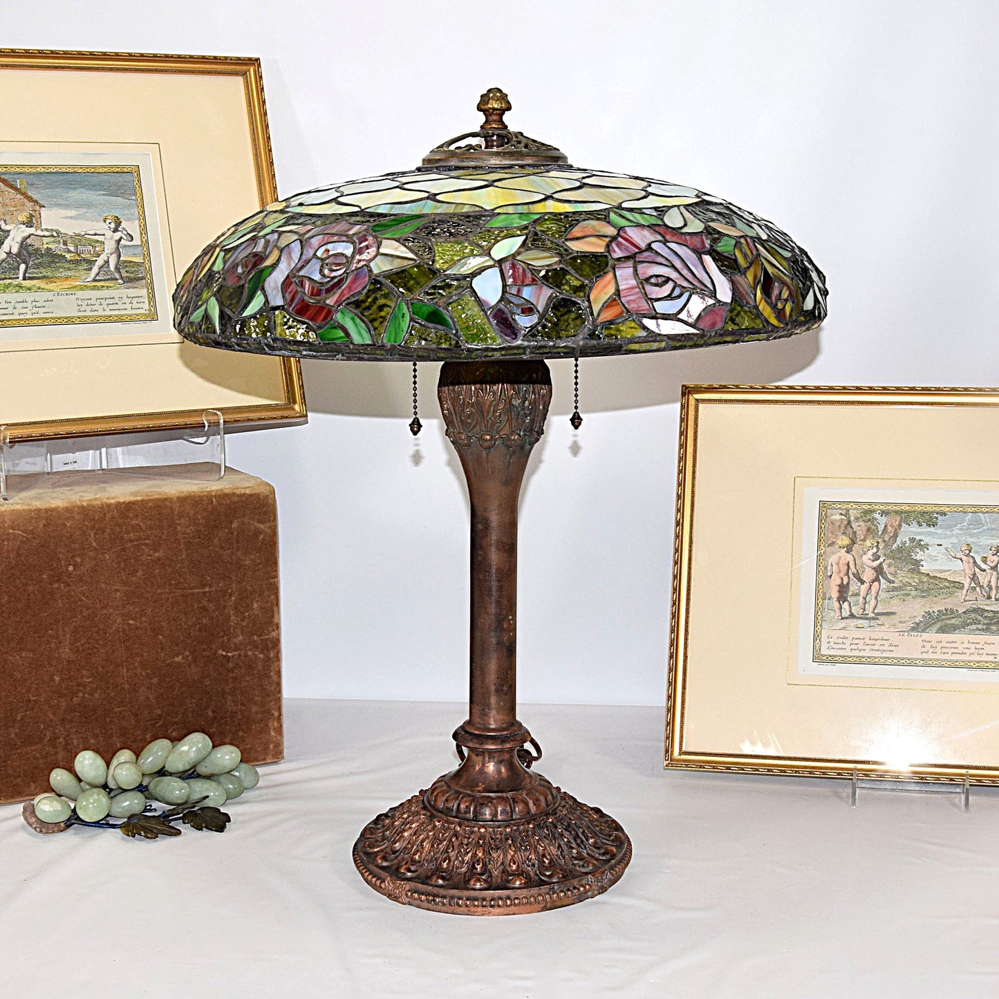 Antique Stained Slag Glass Lamp Copper Base Handel Era