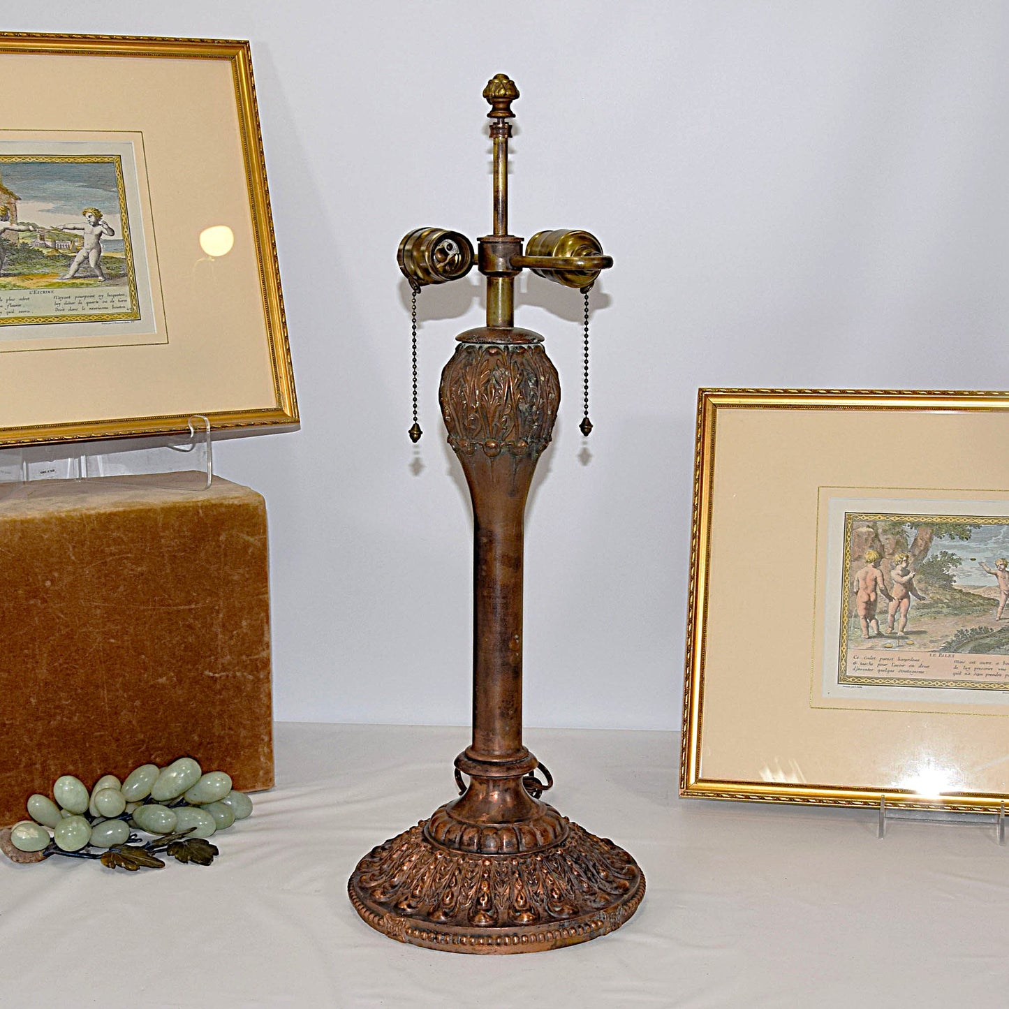 Antique Stained Slag Glass Lamp Copper Base Handel Era