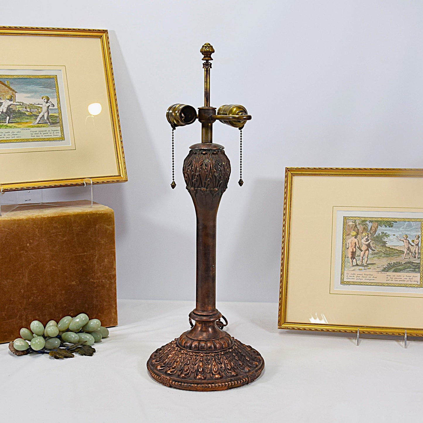 Antique Stained Slag Glass Lamp Copper Base Handel Era