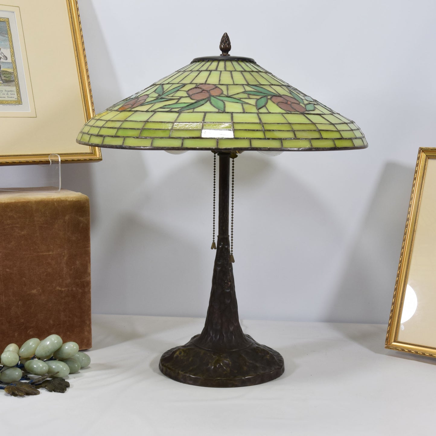 Signed Apollo Studios Hammered Copper Lamp with Leaded Stained Slag Glass Shade