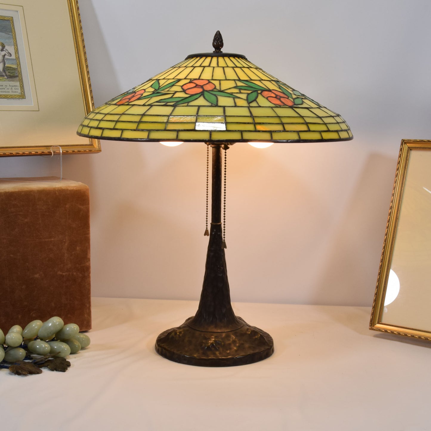 Signed Apollo Studios Hammered Copper Lamp with Leaded Stained Slag Glass Shade