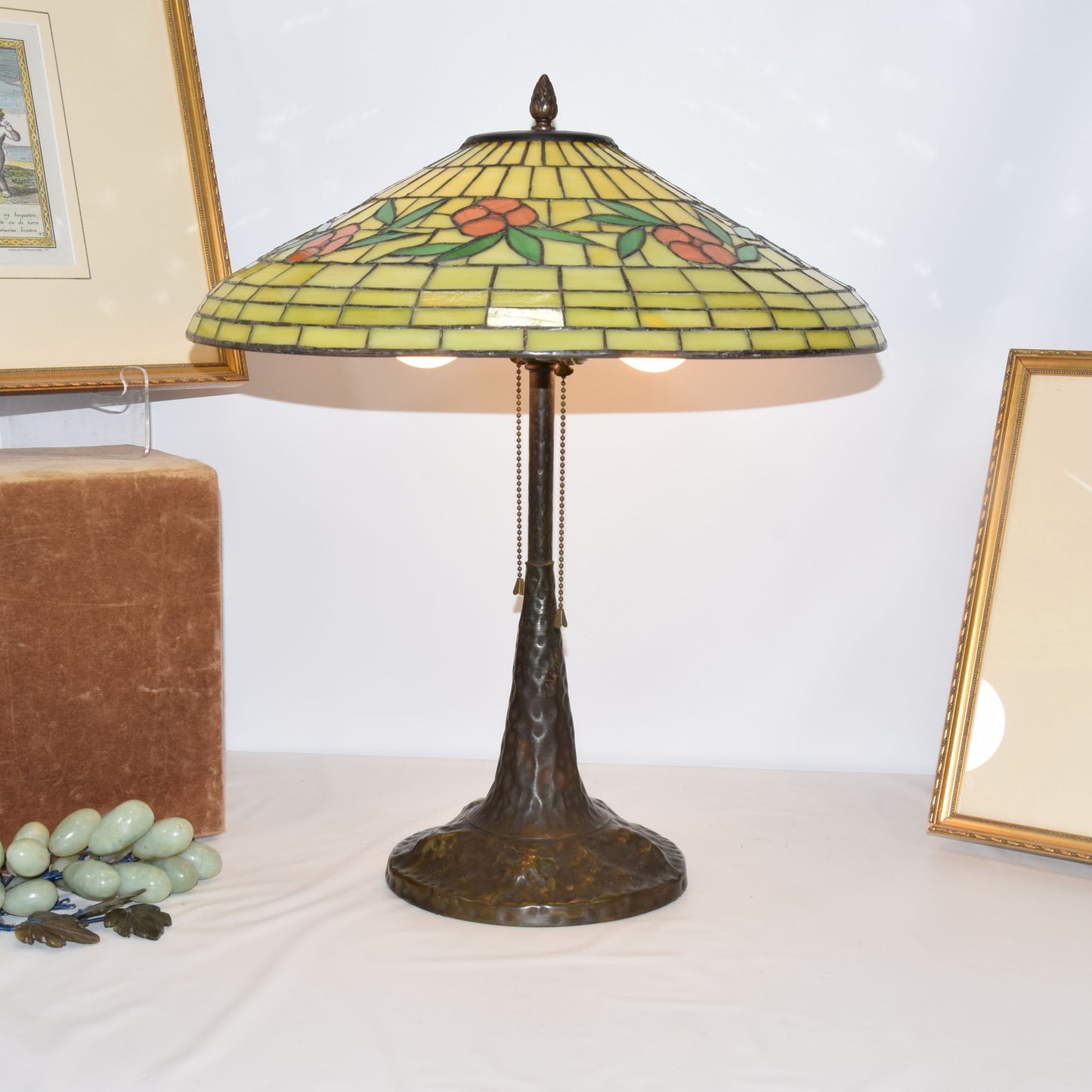 Signed Apollo Studios Hammered Copper Lamp with Leaded Stained Slag Glass Shade