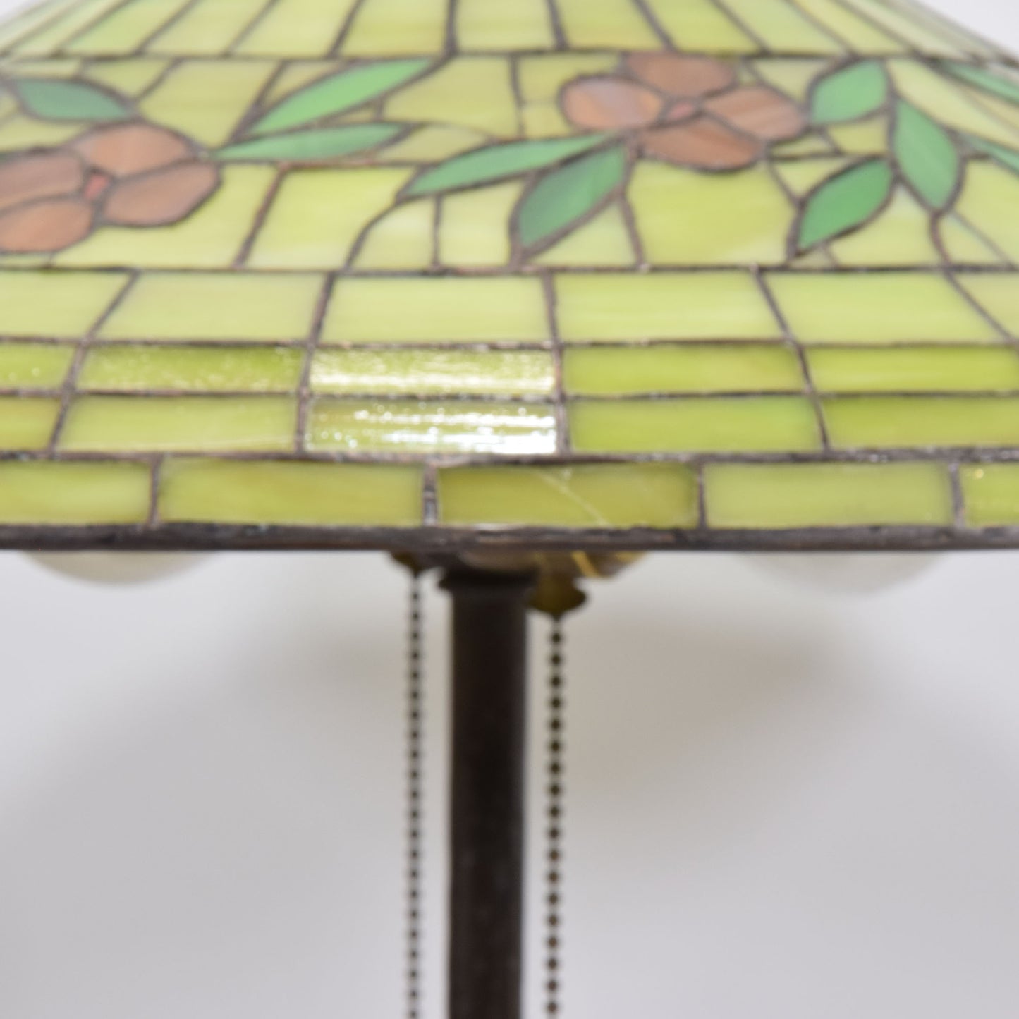 Signed Apollo Studios Hammered Copper Lamp with Leaded Stained Slag Glass Shade
