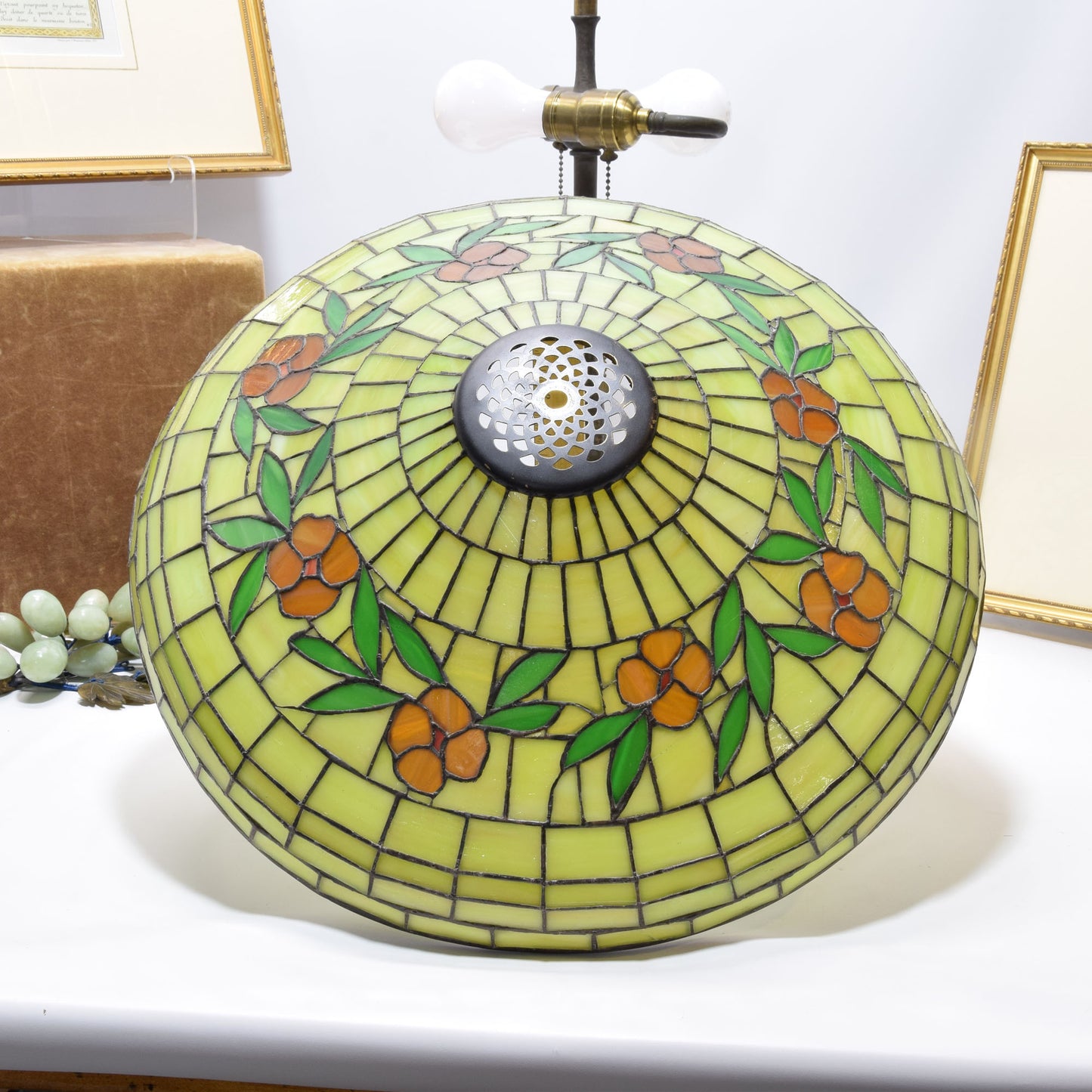 Signed Apollo Studios Hammered Copper Lamp with Leaded Stained Slag Glass Shade