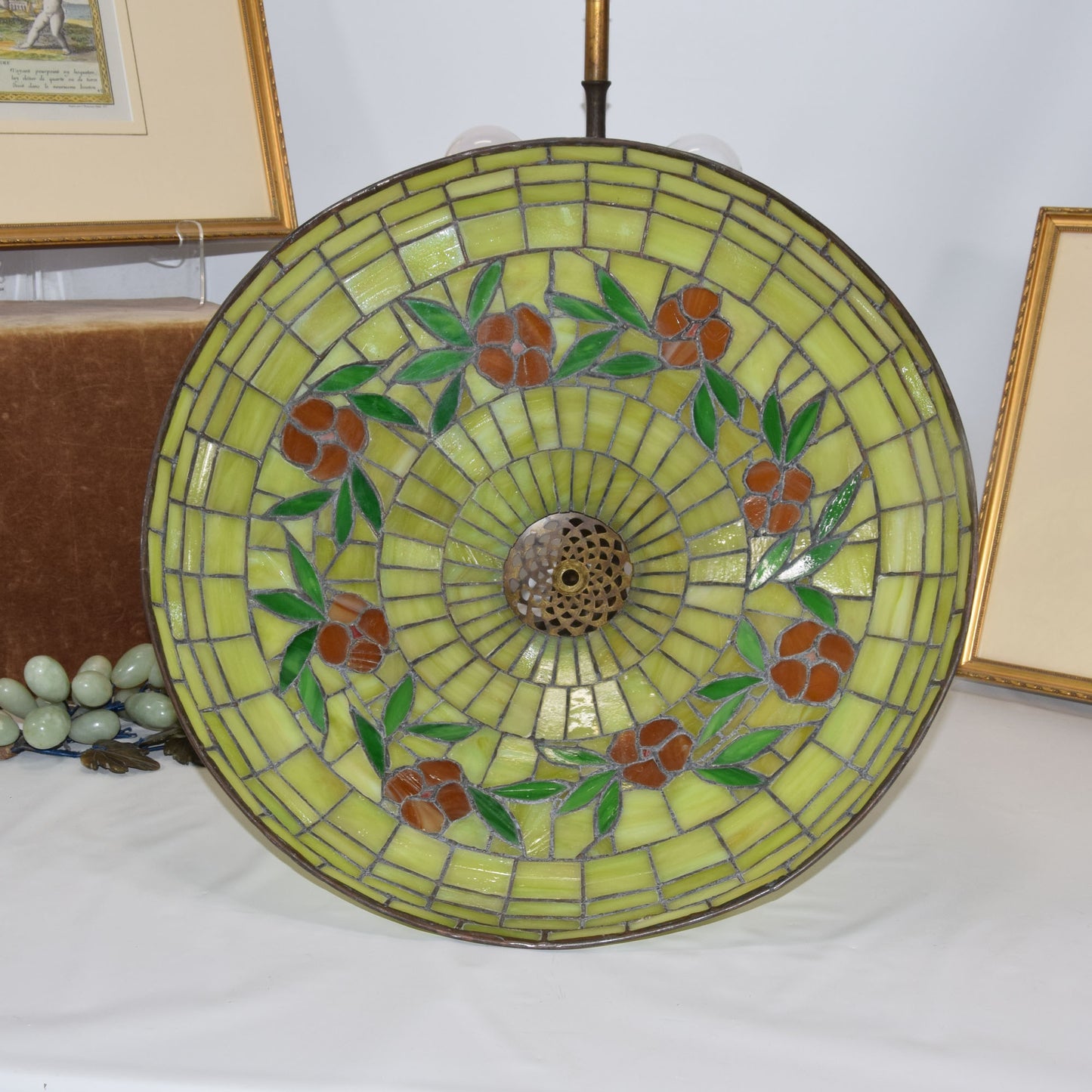 Signed Apollo Studios Hammered Copper Lamp with Leaded Stained Slag Glass Shade