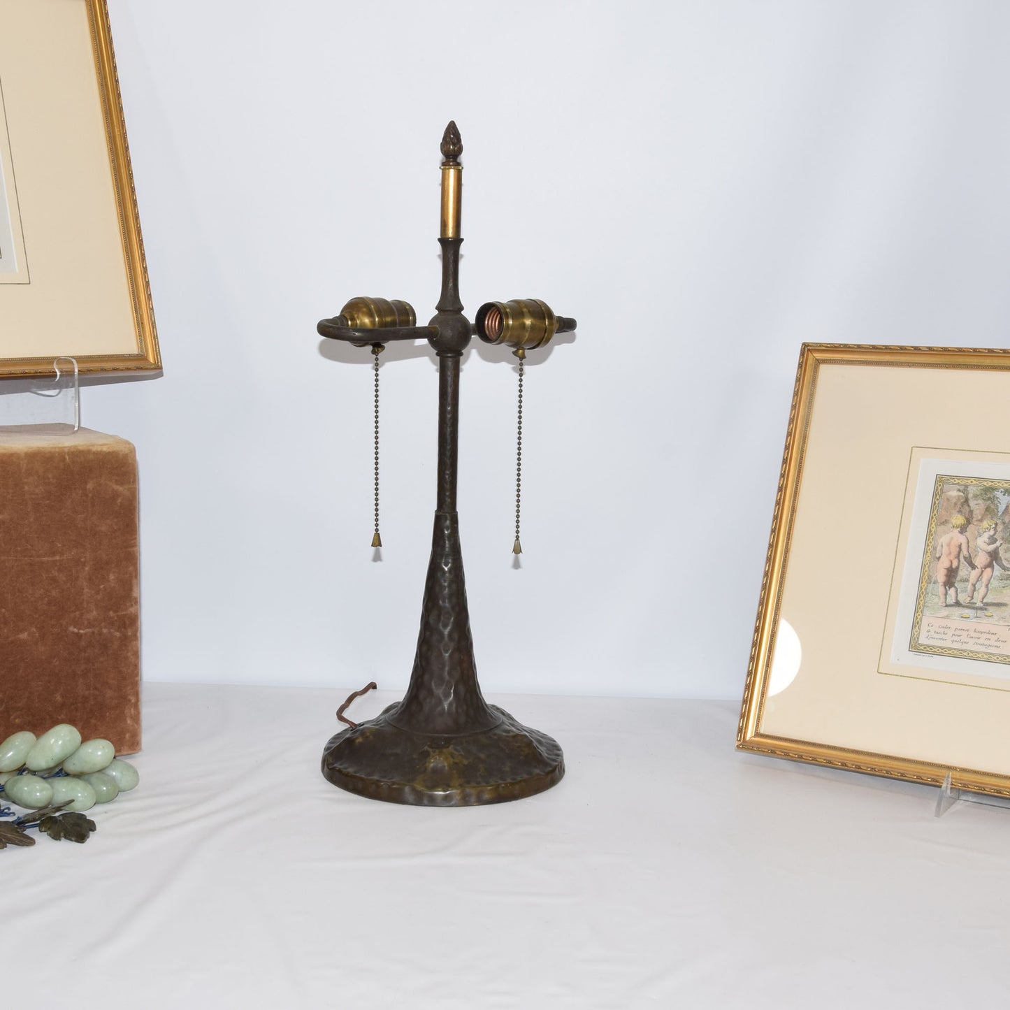 Signed Apollo Studios Hammered Copper Lamp with Leaded Stained Slag Glass Shade